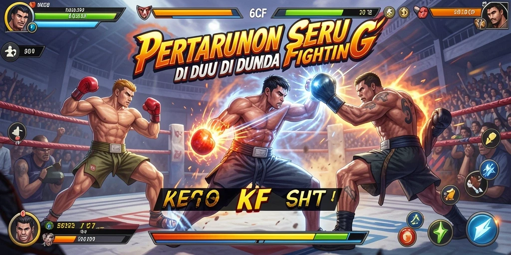 Screenshot utama 6CF menampilkan karakter bertarung dalam arena dinamis.