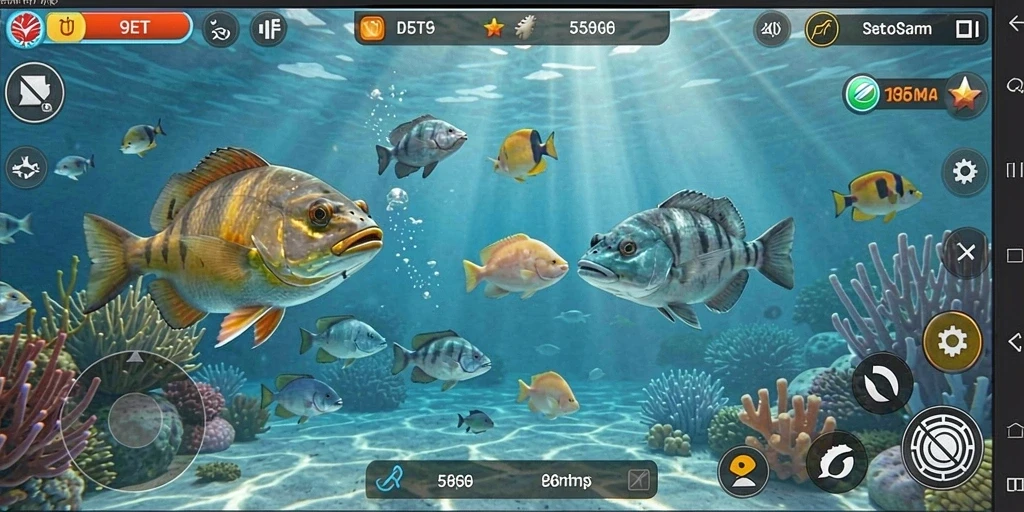 Screenshot gameplay 9ET yang menampilkan pertempuran menangkap ikan.