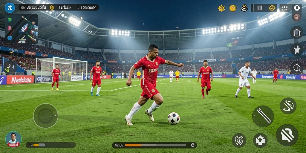 Screenshot gameplay API288 yang menunjukkan aksi pertandingan sepak bola yang intens.