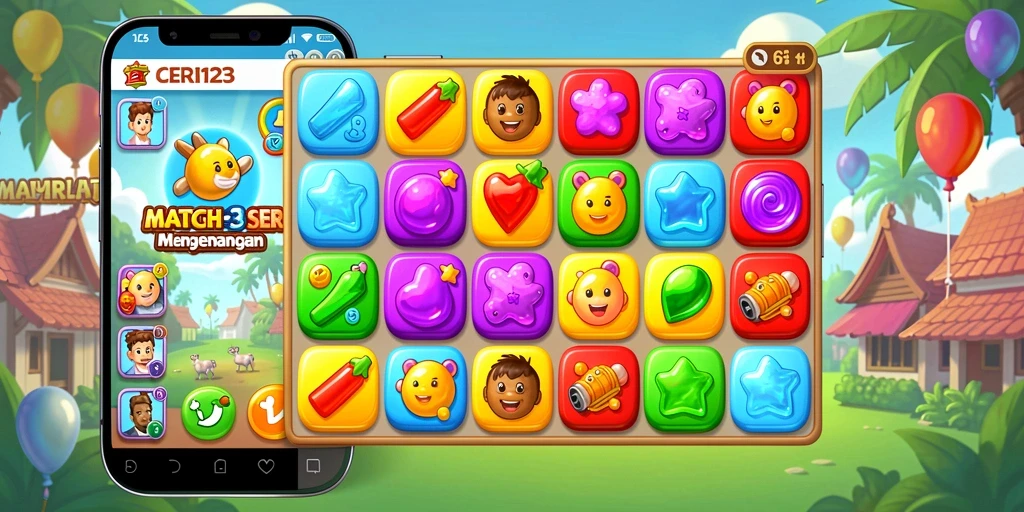 Screenshot CERI123 menampilkan gameplay seru dengan level Match-3.