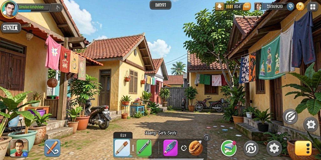 Screenshot GIM999 menunjukkan karakter berinteraksi dalam lingkungan kota yang hidup.
