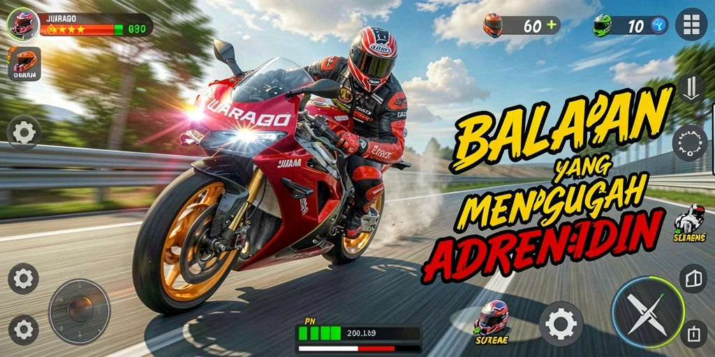 Screenshot gameplay JUARAGO menampilkan aksi balapan motor yang seru.