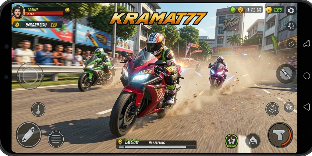 Screenshot KRAMAT77 menampilkan aksi balapan motor yang seru dan mendebarkan.