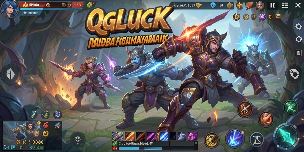 Screenshot utama QGLUCK menampilkan aksi pertarungan MOBA yang seru.