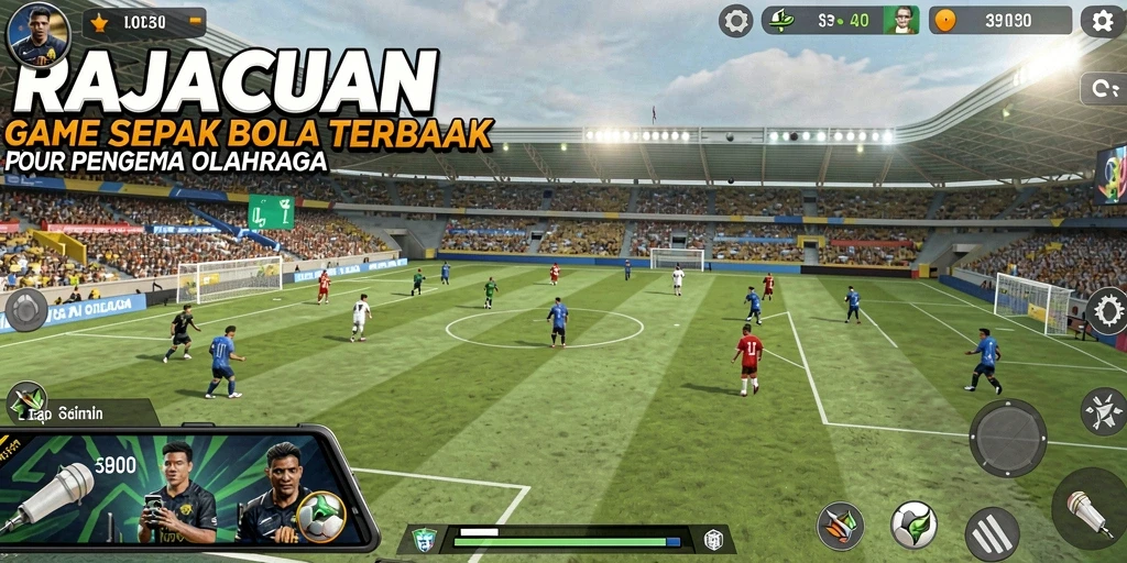 Screenshot utama RAJACUAN menampilkan aksi seru di lapangan sepak bola.