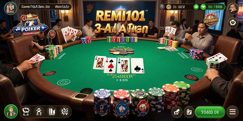 Screenshot REMI101 menampilkan gameplay poker yang seru dan interaktif.