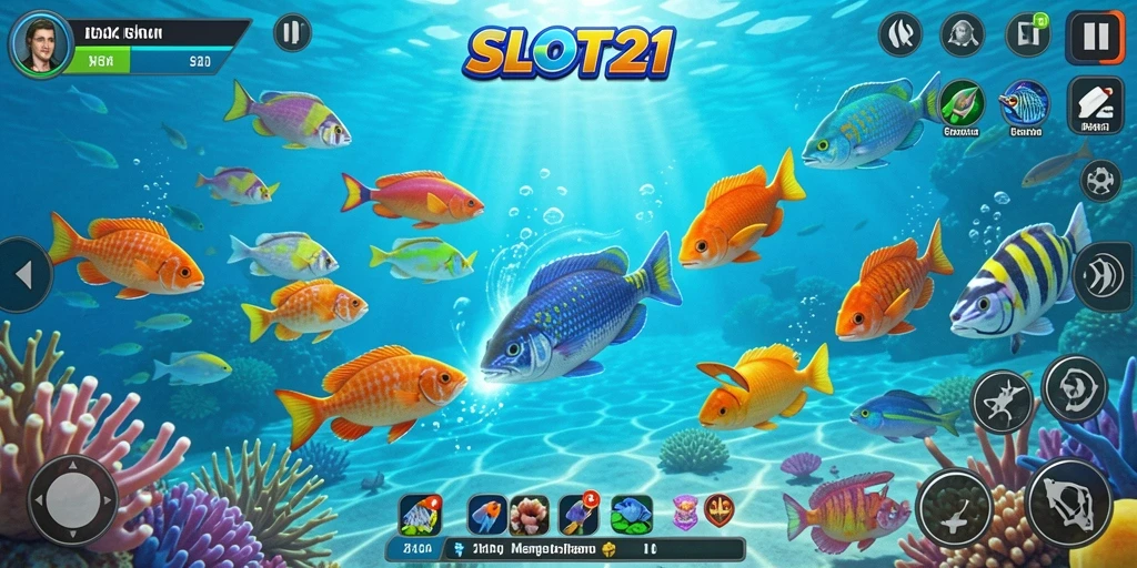 Tampilan gameplay SLOT21 dengan aksi menangkap ikan yang seru.