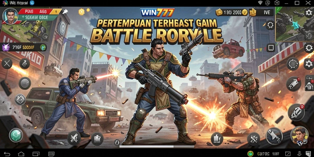 Screenshot utama WIN777 menampilkan aksi pertarungan Battle Royale yang mendebarkan.