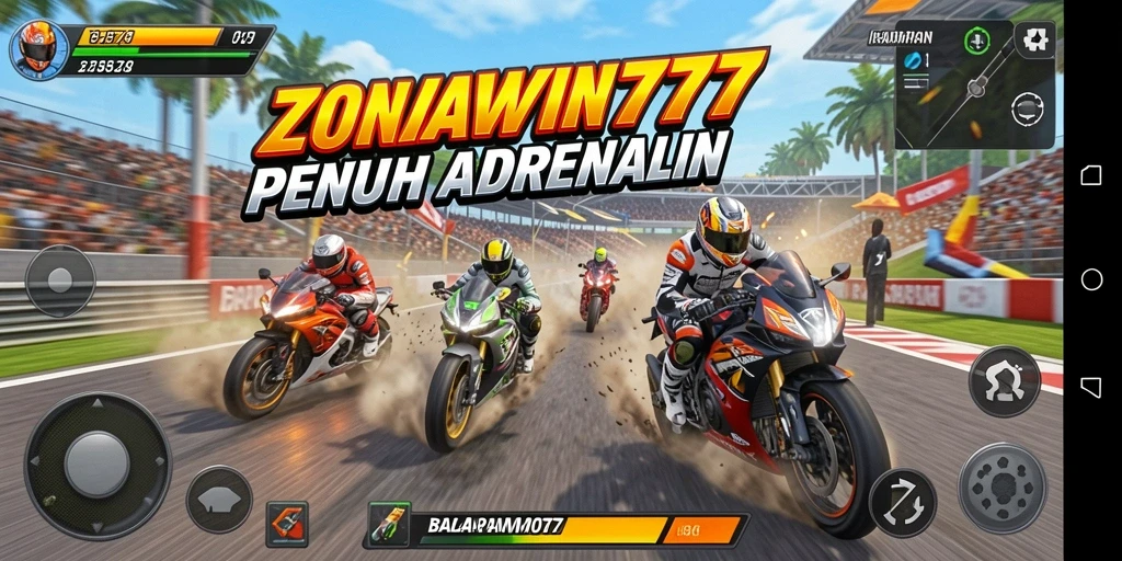 Screenshot gameplay ZONAWIN777 menampilkan aksi balapan motor yang mendebarkan.